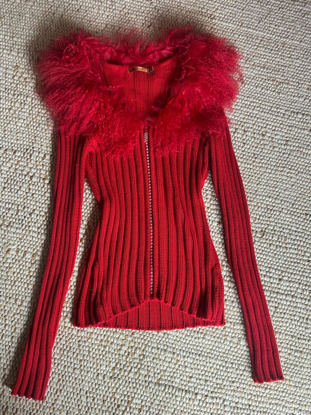 Belldini Red Ribbed Faux Fur Collar Zip Up Sweater  Y2K Mob Wife Rhinestone L